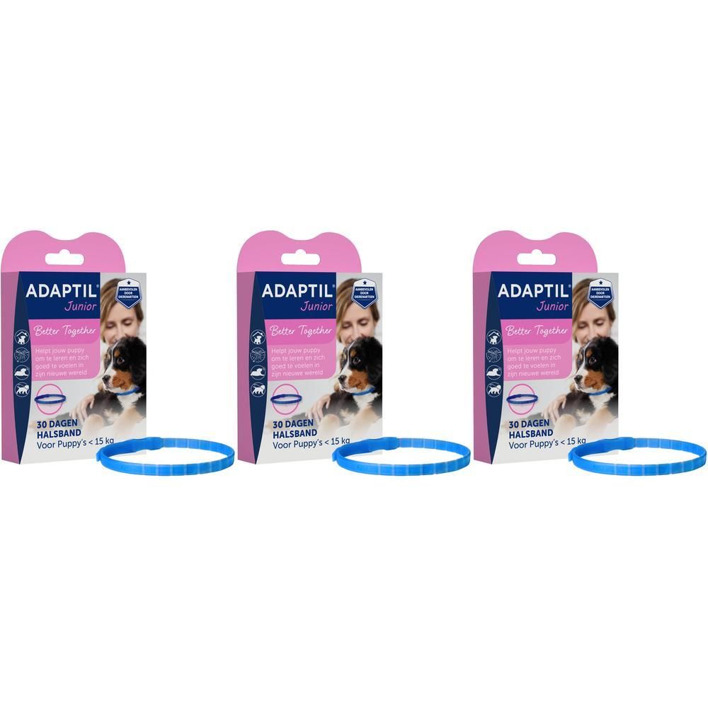 Drie verpakkingen van de Adaptil Junior hondenhalsband, elk met een blauwe halsband.