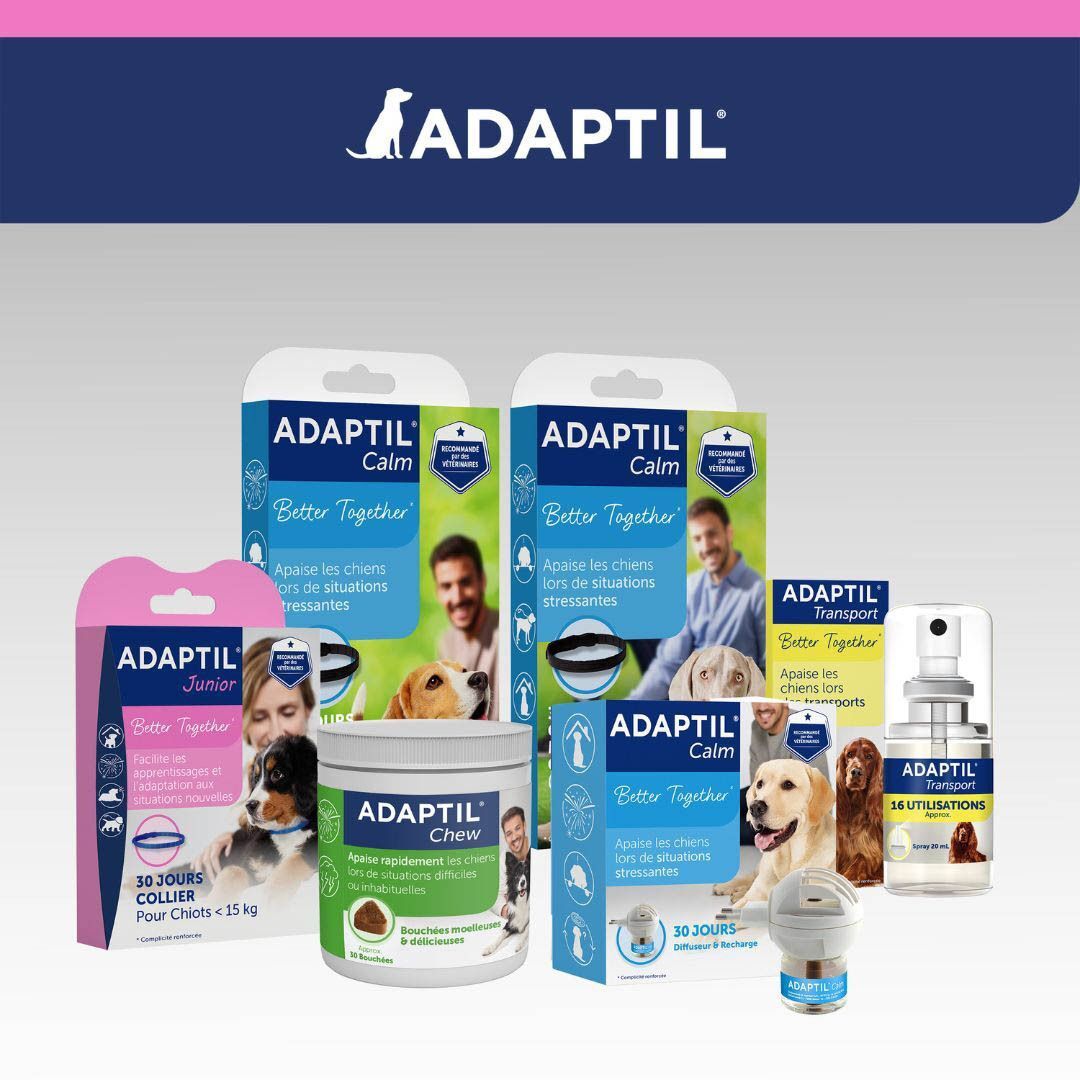 Une sélection de produits Adaptil, y compris des colliers Adaptil Junior, des friandises à mâcher et des sprays.