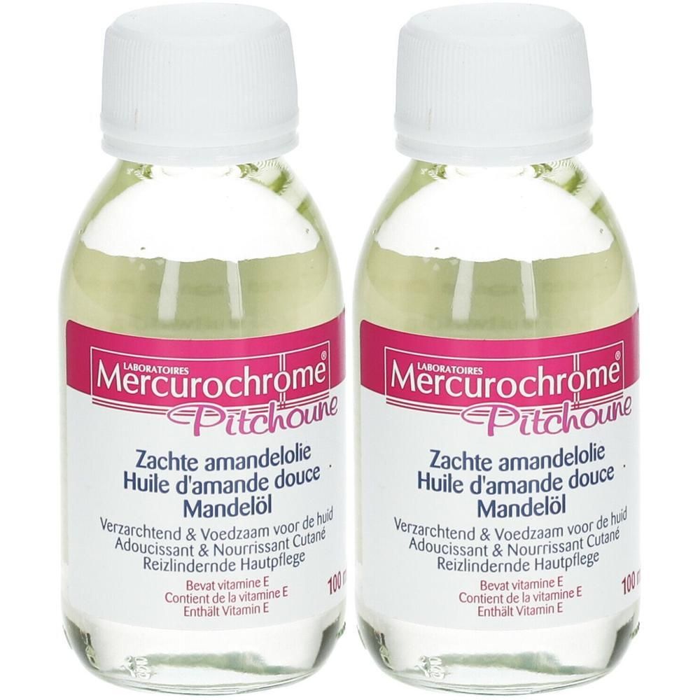 Twee flesjes Mercurochrome Pitchoune Zoete Amandelolie met witte dop. Heldere vloeistof, roze etiket.