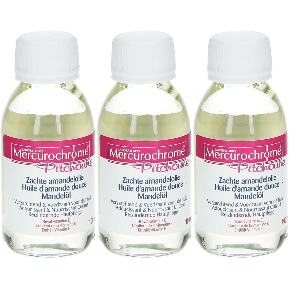 Drie flessen Mercurochrome Pitchoune Zachte amandelolie. Heldere vloeistof.