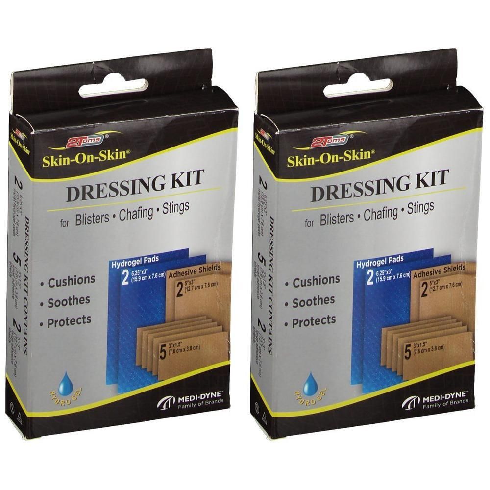 Twee verpakkingen Skin-On-Skin verbandkit. Bevat hydrogelpads en kleefschilden voor demping, verzachting en bescherming.