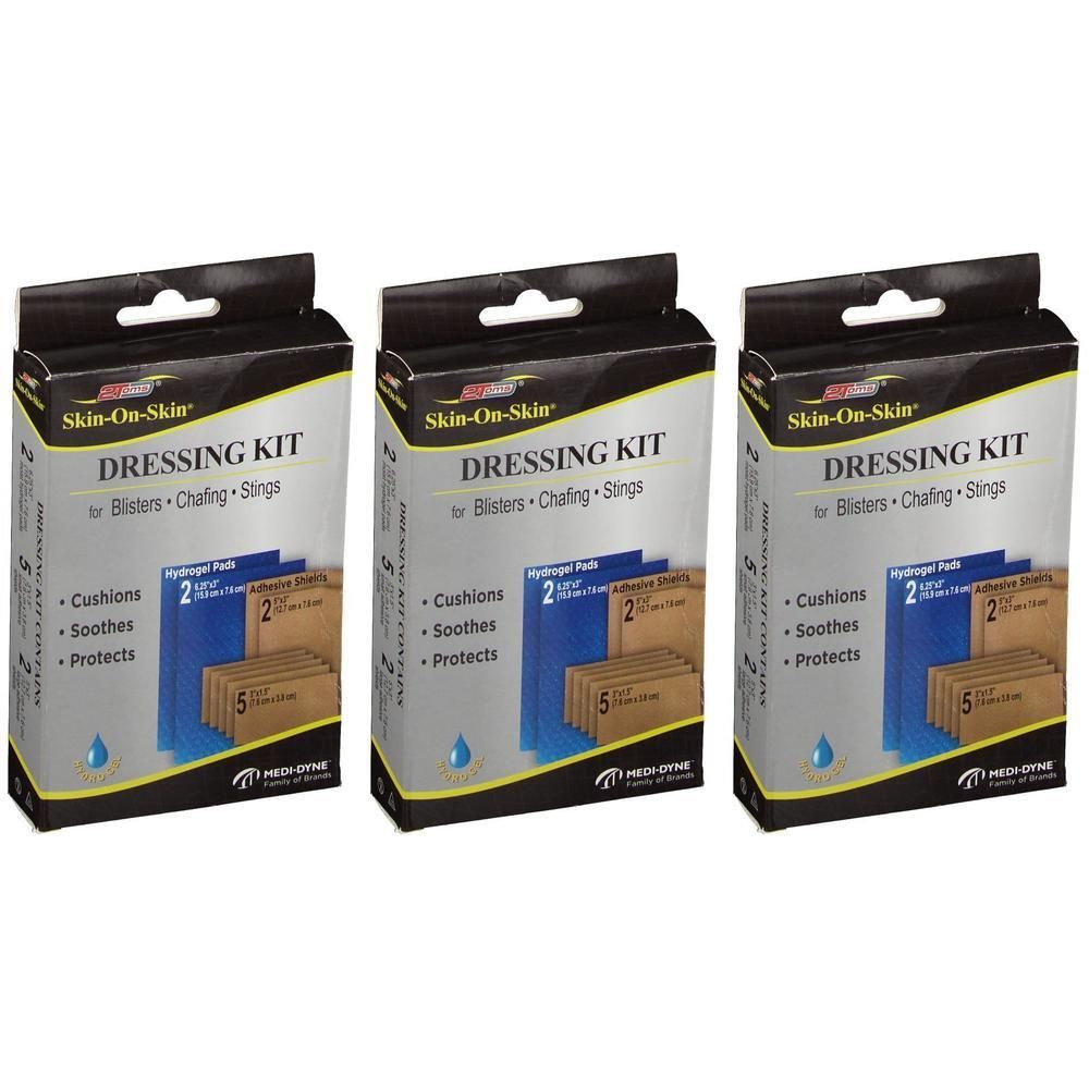 Trois boîtes de pansements Skin-On-Skin pour ampoules, irritations et piqûres. Contient des pansements hydrogels et adhésifs.