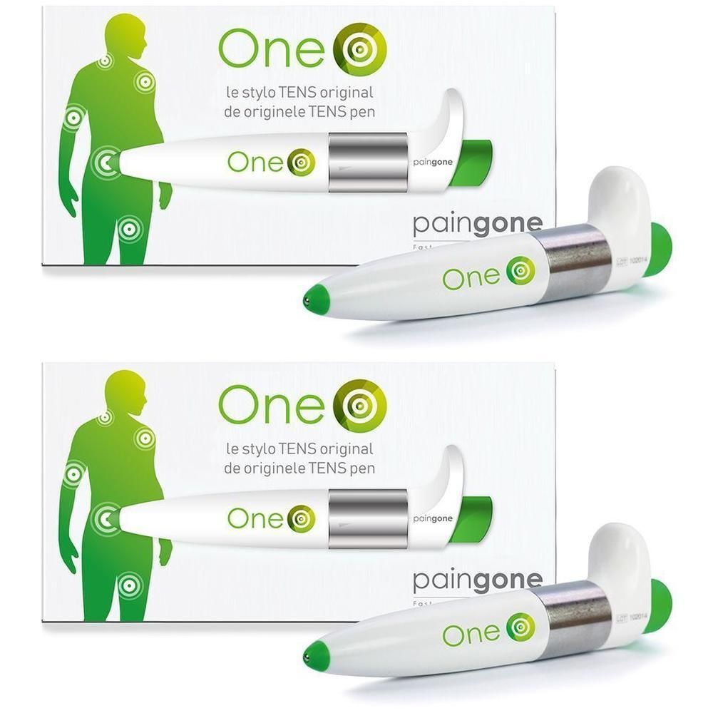 Paingone One TENS pen op verpakking met lichaamsafbeelding.
