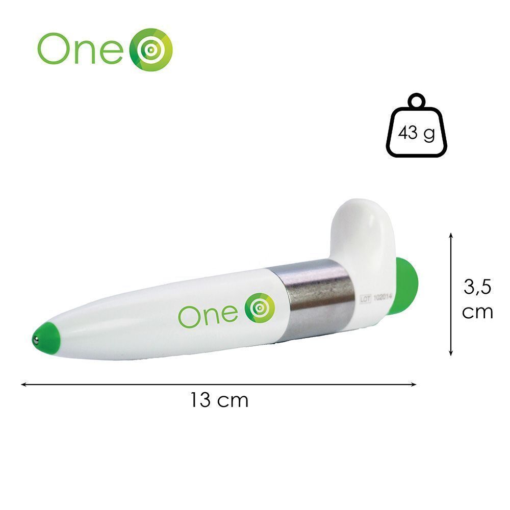 Paingone One TENS pen, afmetingen 13 cm lengte, 3,5 cm breedte, 43 g.