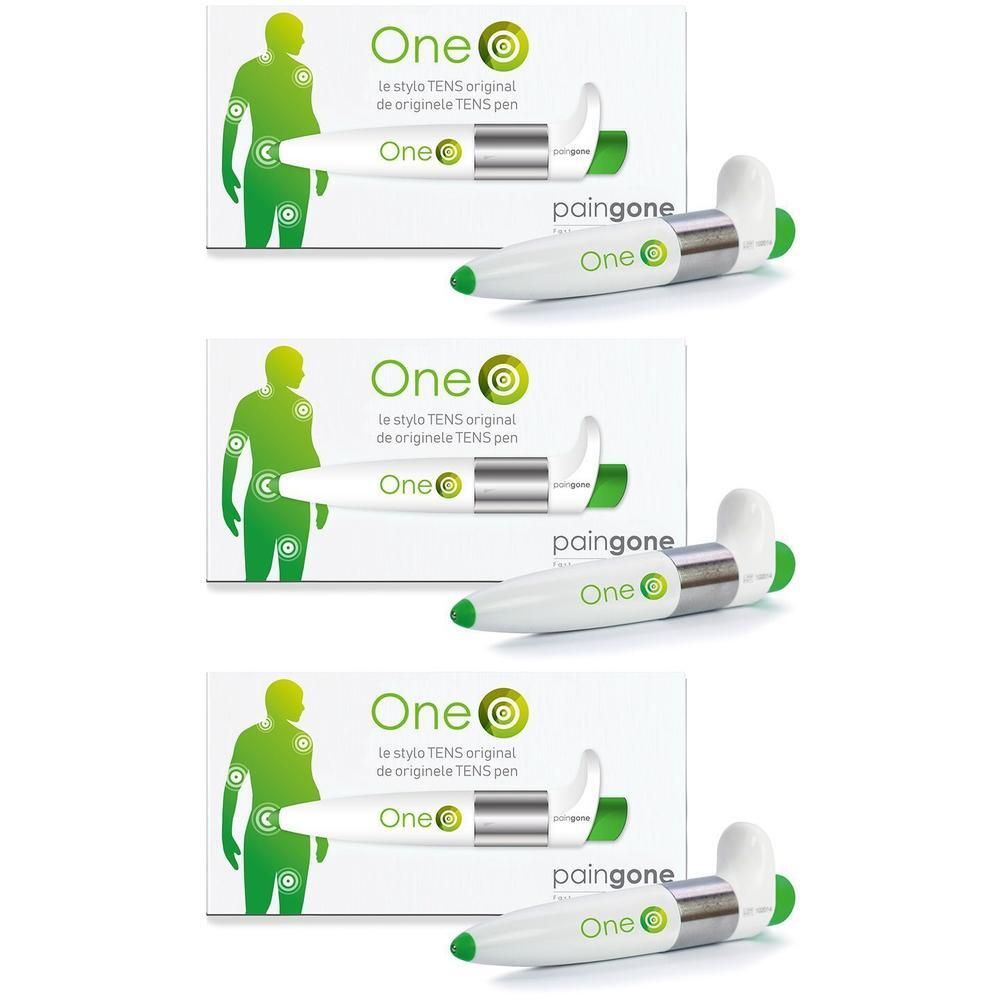 Paingone One TENS pen wit met groene accenten, in de doos.