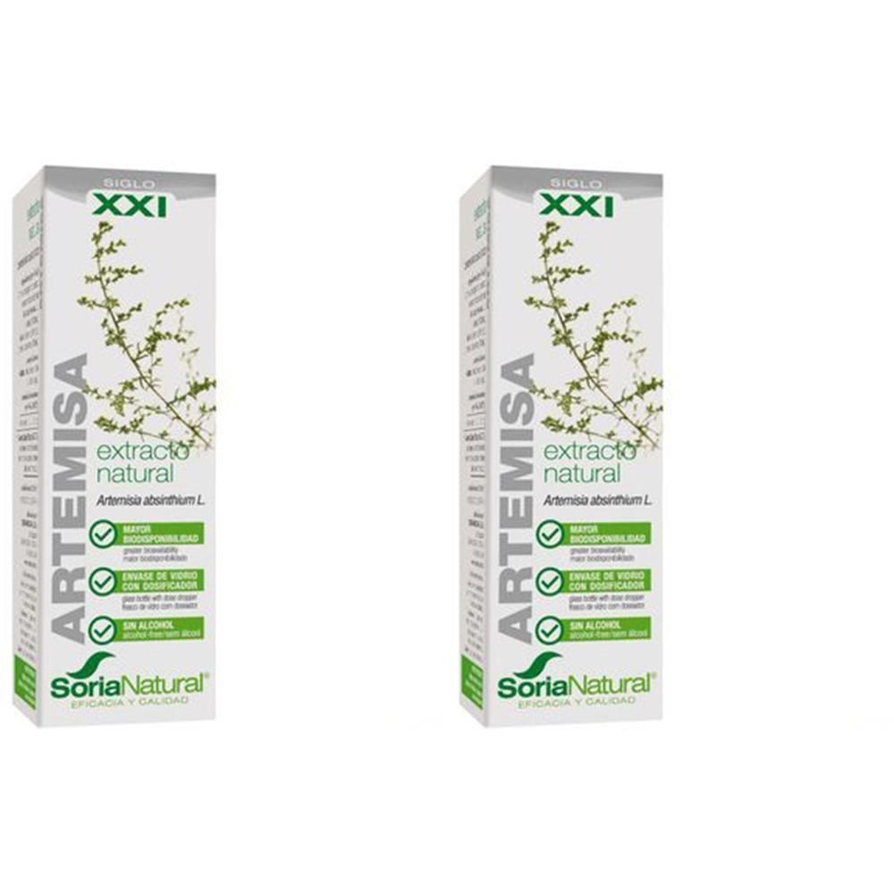 Deux boîtes SoriaNatural Artemisia Vulgaris XXI, blanches avec accents verts et illustration végétale.