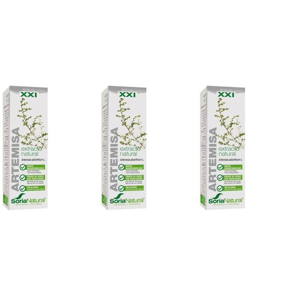 Trois boîtes de SoriaNatural Artemisia Vulgaris XXI avec illustration de plante.