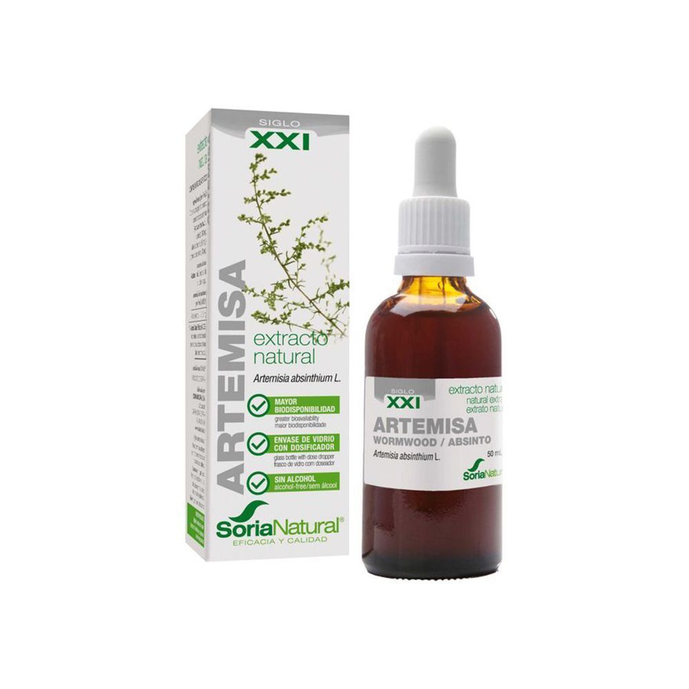 Bouteille et boîte de SoriaNatural Artemisia Vulgaris XXI avec illustration de plante et pipette.