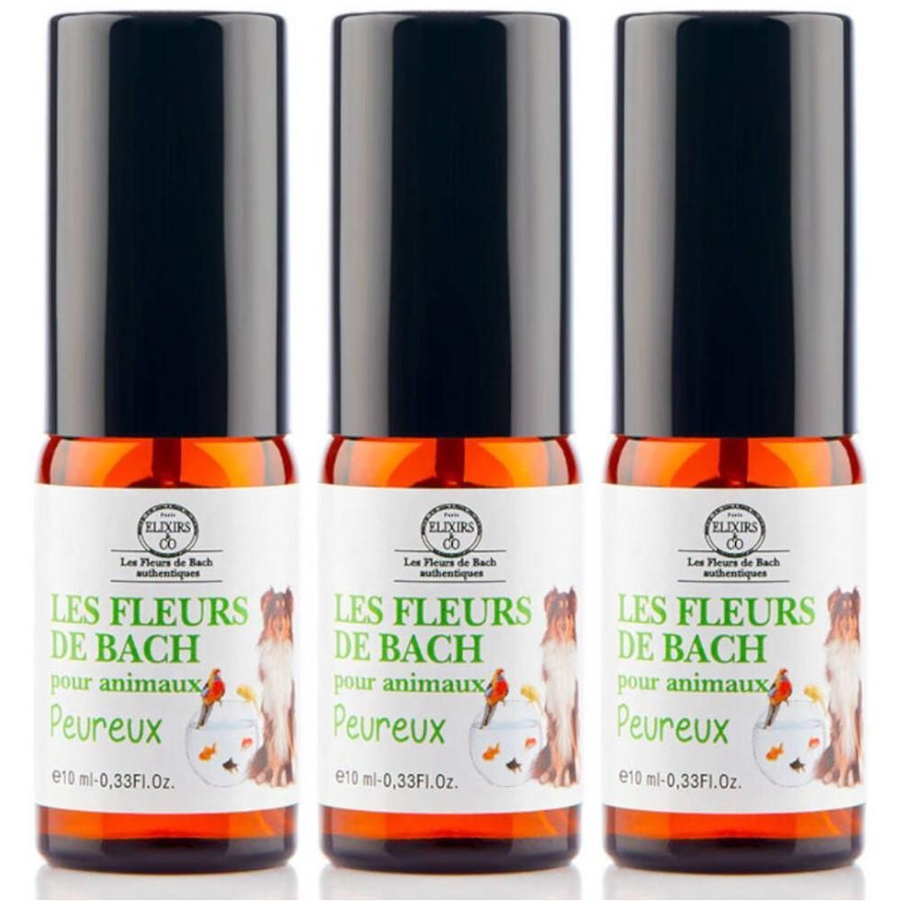 Drie flacons Elixirs & Co Les Fleurs de Bach pour Animaux Peureux, 10 ml.