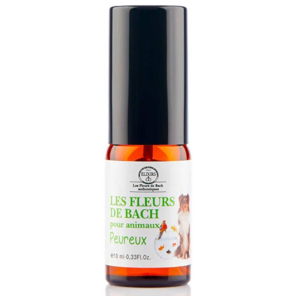 Bruine glazen fles met zwarte dop. Etiket "Les Fleurs de Bach pour animaux Peureux".