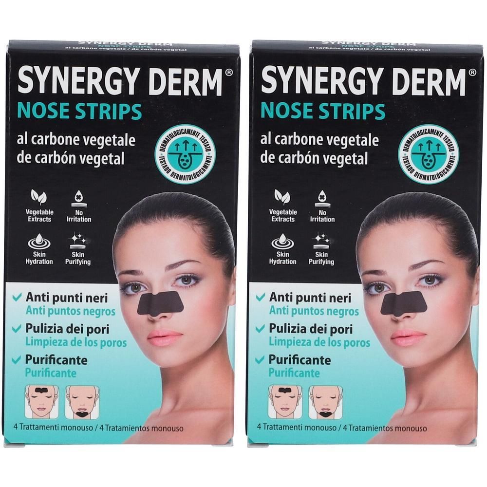 Emballage SYNERGY DERM Nose Strips, deux paquets. Montre une femme portant un masque nasal noir.