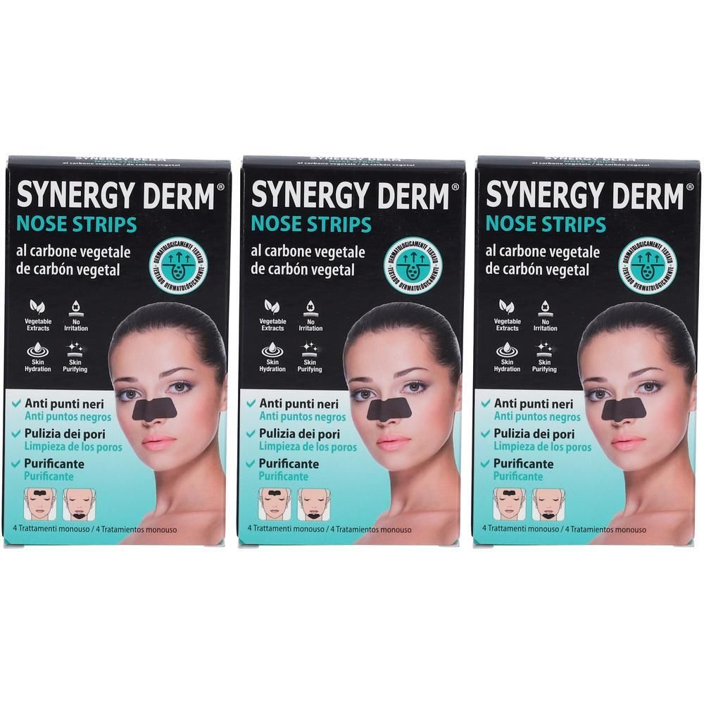 Trois paquets de patchs nasaux SYNERGY DERM au charbon actif. Chaque paquet montre une femme avec des patchs nasaux.