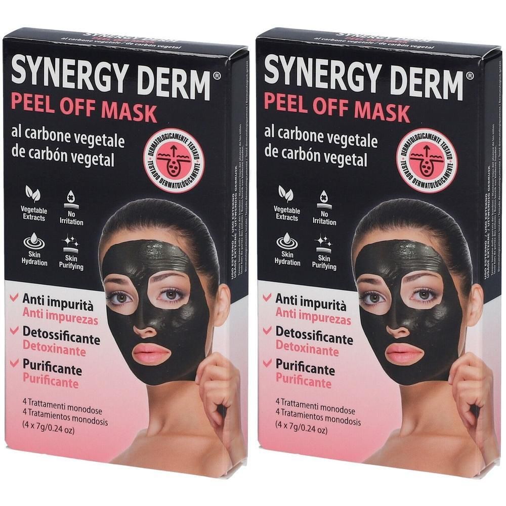 Deux paquets de Synergy Derm Peel Off Mask au charbon actif. Montre une femme portant un masque facial noir.