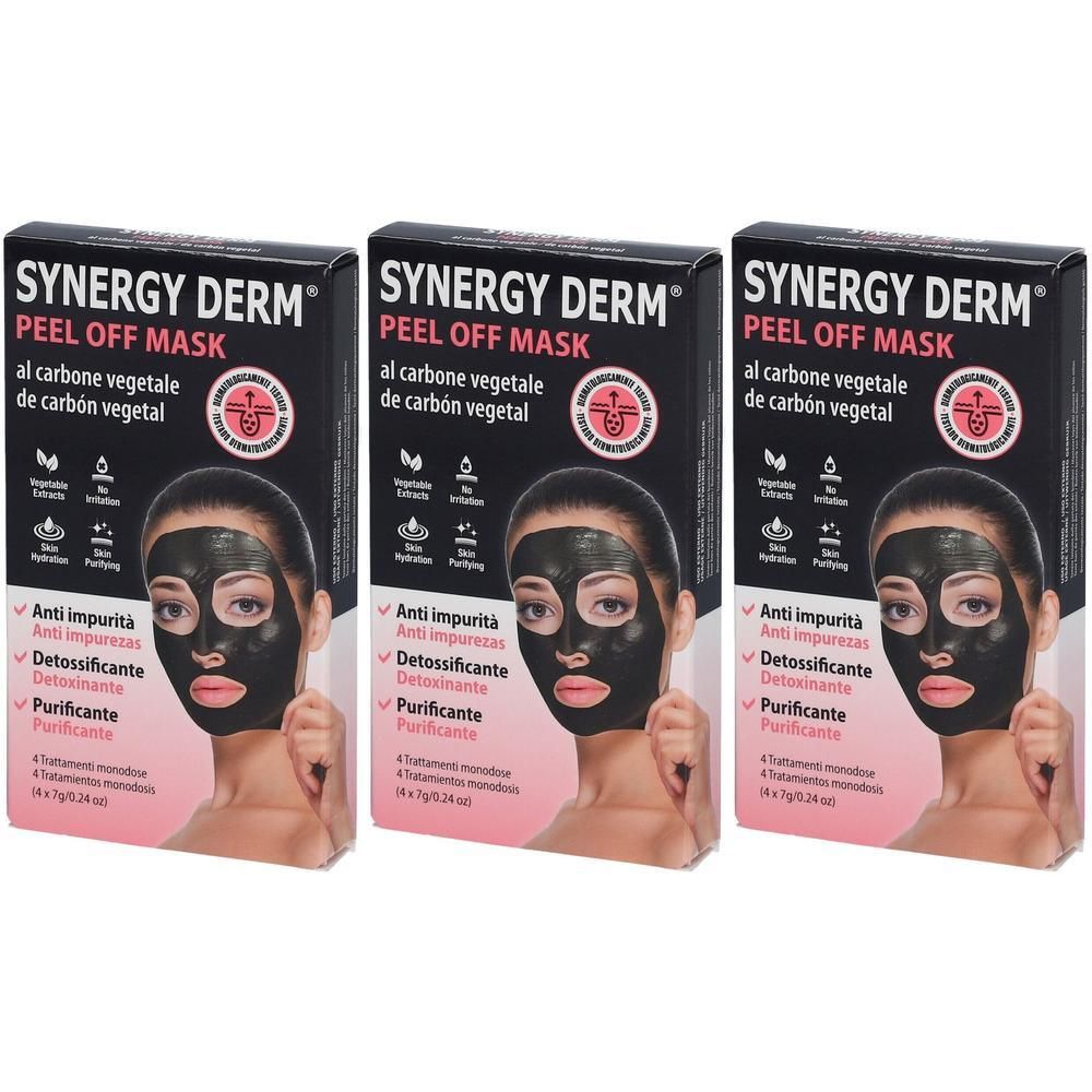 Trois paquets de Synergy Derm Peel Off Mask avec image faciale et avantages du produit.