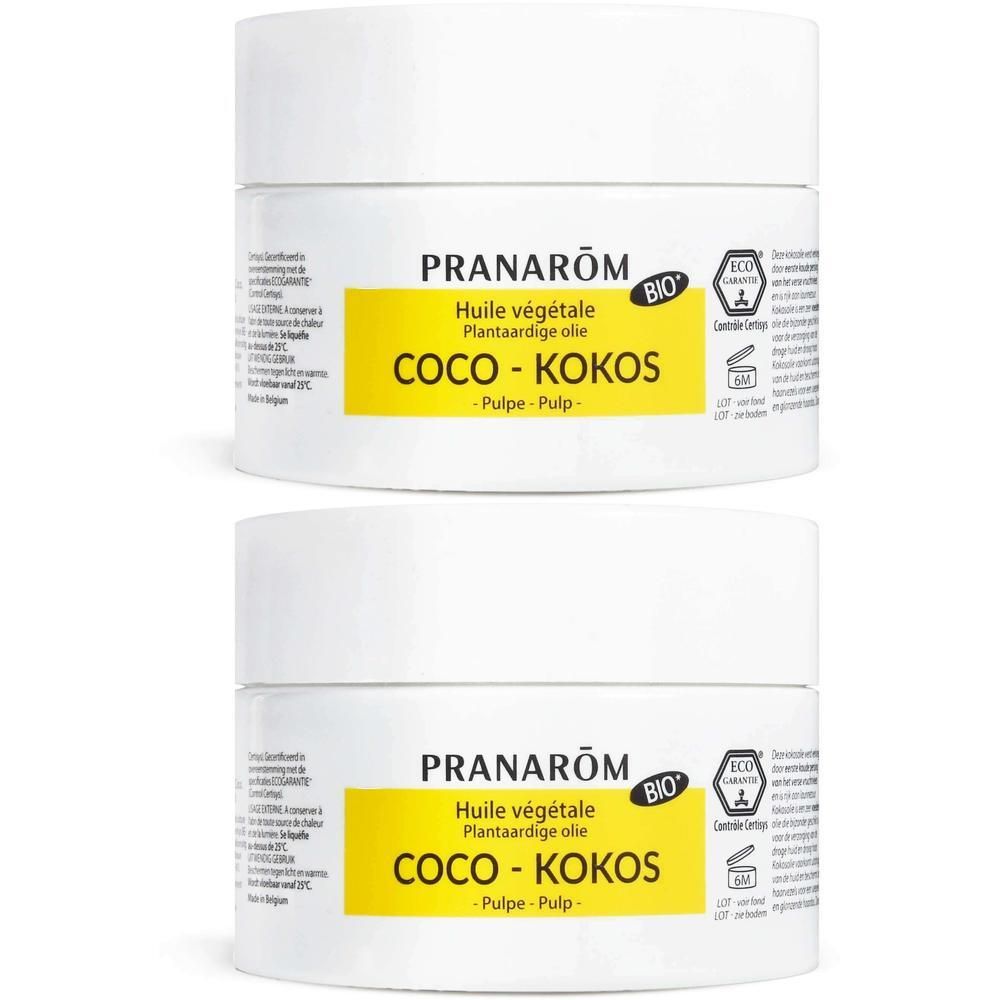Twee witte potjes Pranarôm Biologische Kokosolie.