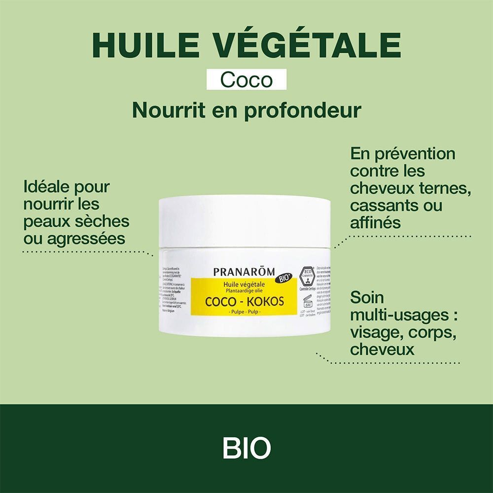 Un pot d'Huile Végétale Coco Bio Pranarôm, entouré de texte sur ses bienfaits.