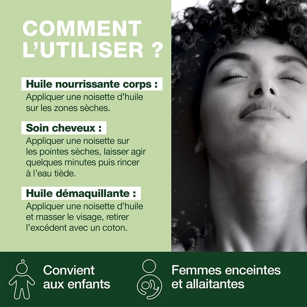Conseils d'utilisation Huile Végétale Coco Bio Pranarôm : corps, cheveux, démaquillant. Convient aux enfants.