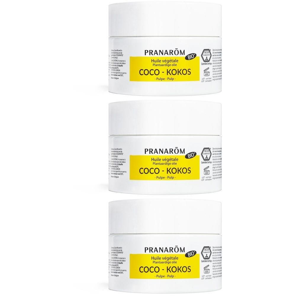 Trois pots blancs d'Huile Végétale Coco Bio Pranarôm.