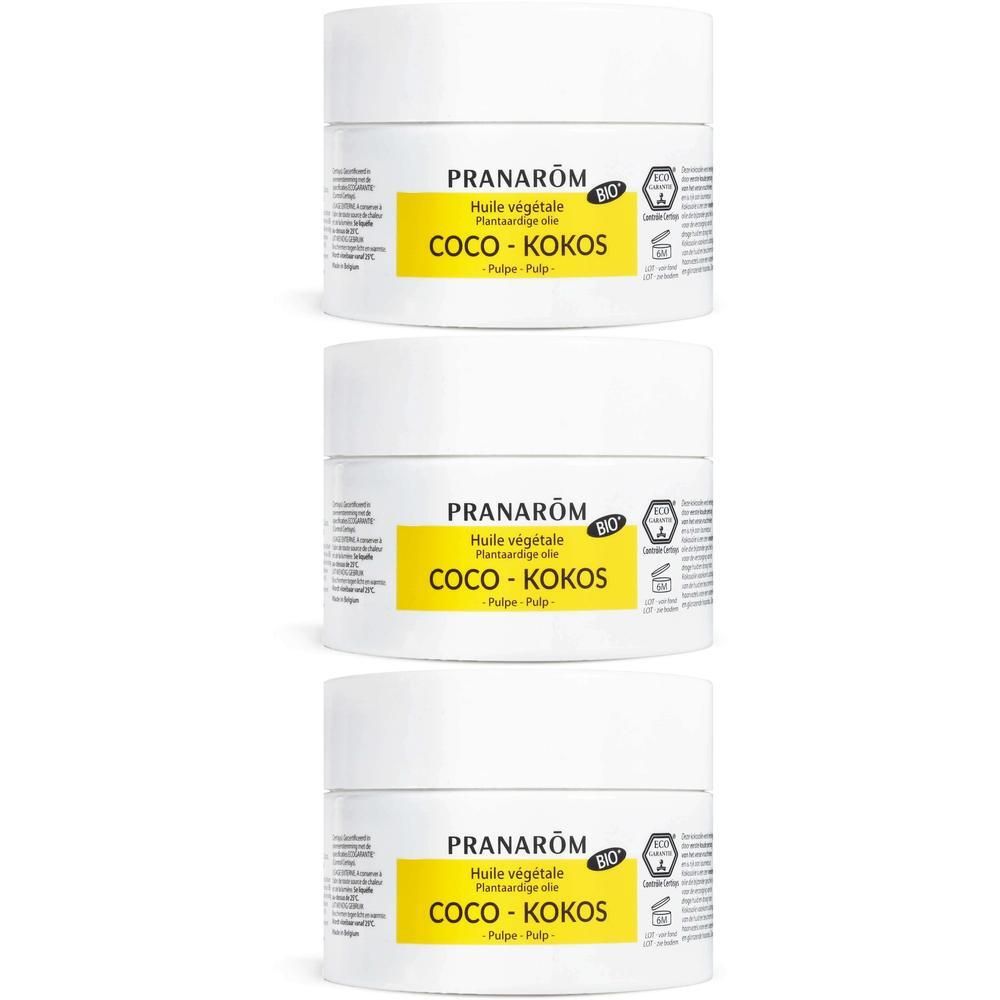 Drie witte potjes Pranarôm Kokosolie Bio.
