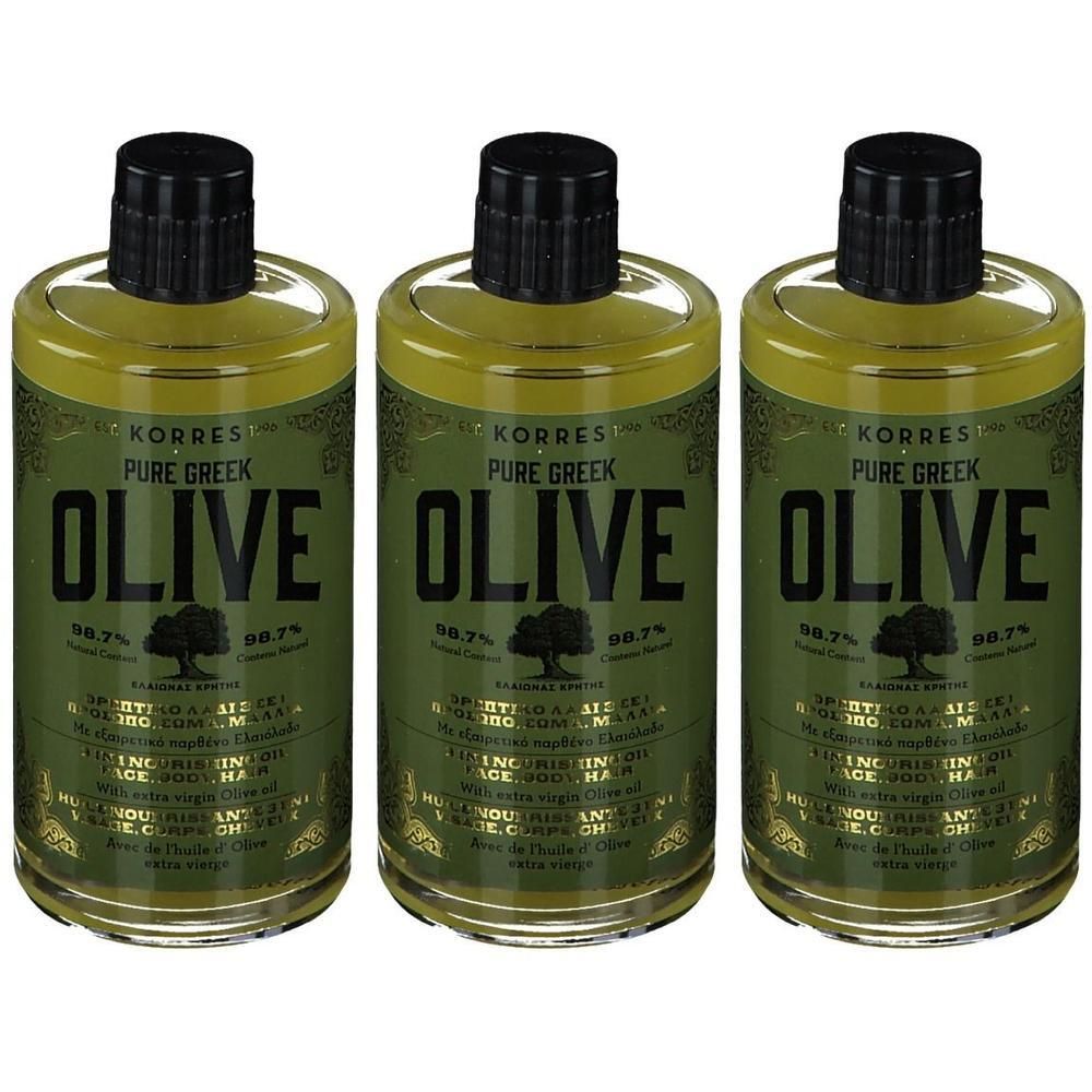 Trois bouteilles d'huile Korres Pure Greek Olive 3-en-1 avec bouchon noir et étiquette verte.