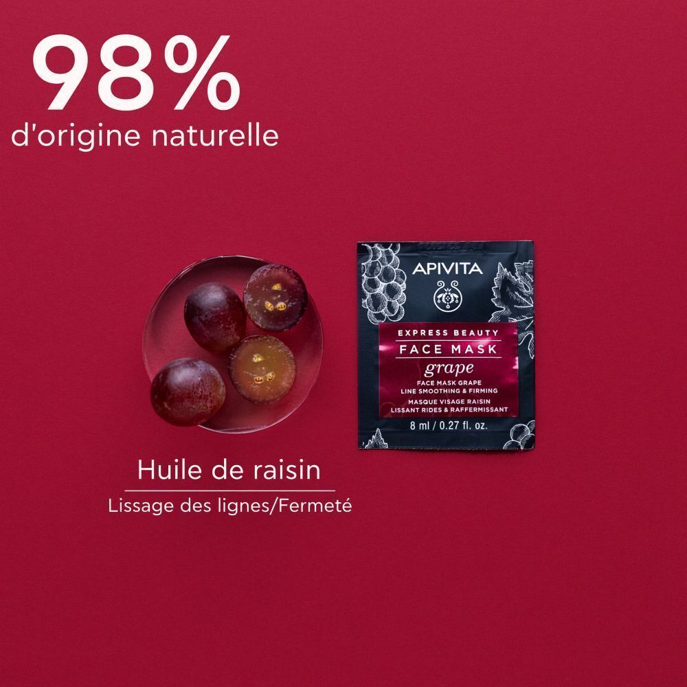 Masque visage Apivita Express Beauty Raisin. Lisse les rides et raffermit. Huile de raisin.