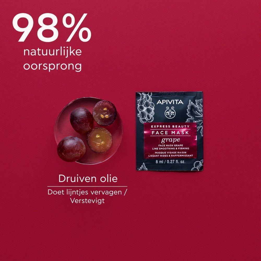 Gezichtsmasker Apivita Express Beauty Druif. Maakt glad en verstevigt. Druivenolie.