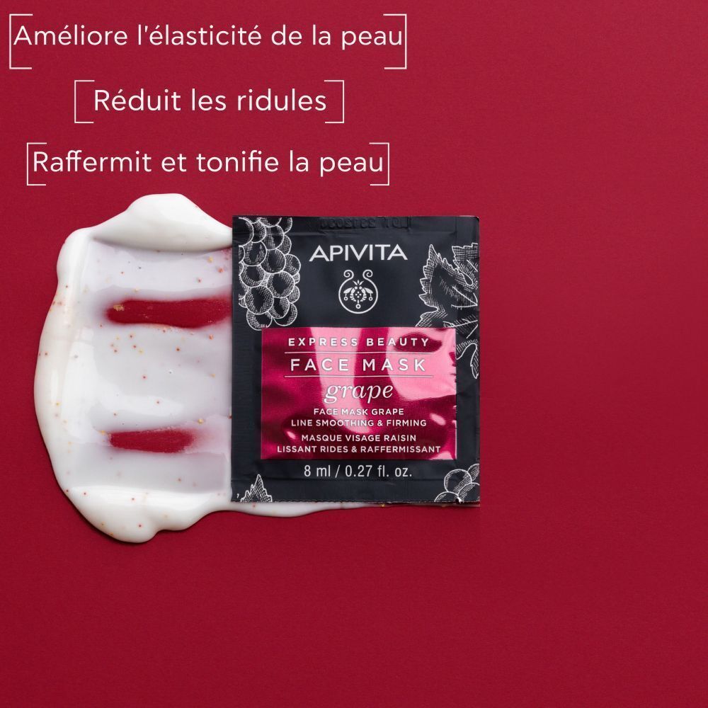 Masque visage Apivita Express Beauty Raisin dans un sachet avec crème lissante.