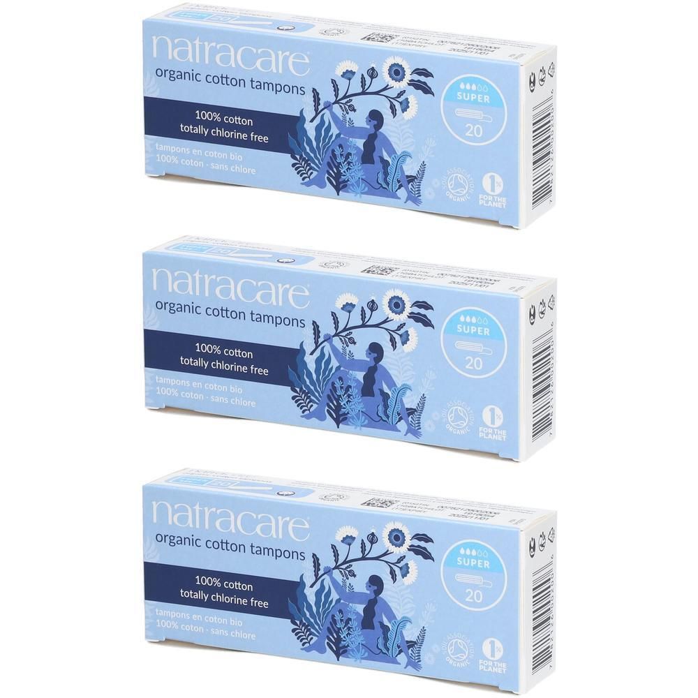 Drie pakken Natracare biologische katoenen tampons, Super, 20 per pak.