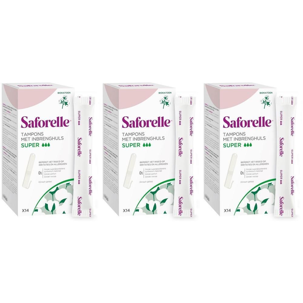 Trois boîtes de tampons Saforelle Super avec applicateur, 14 par boîte.