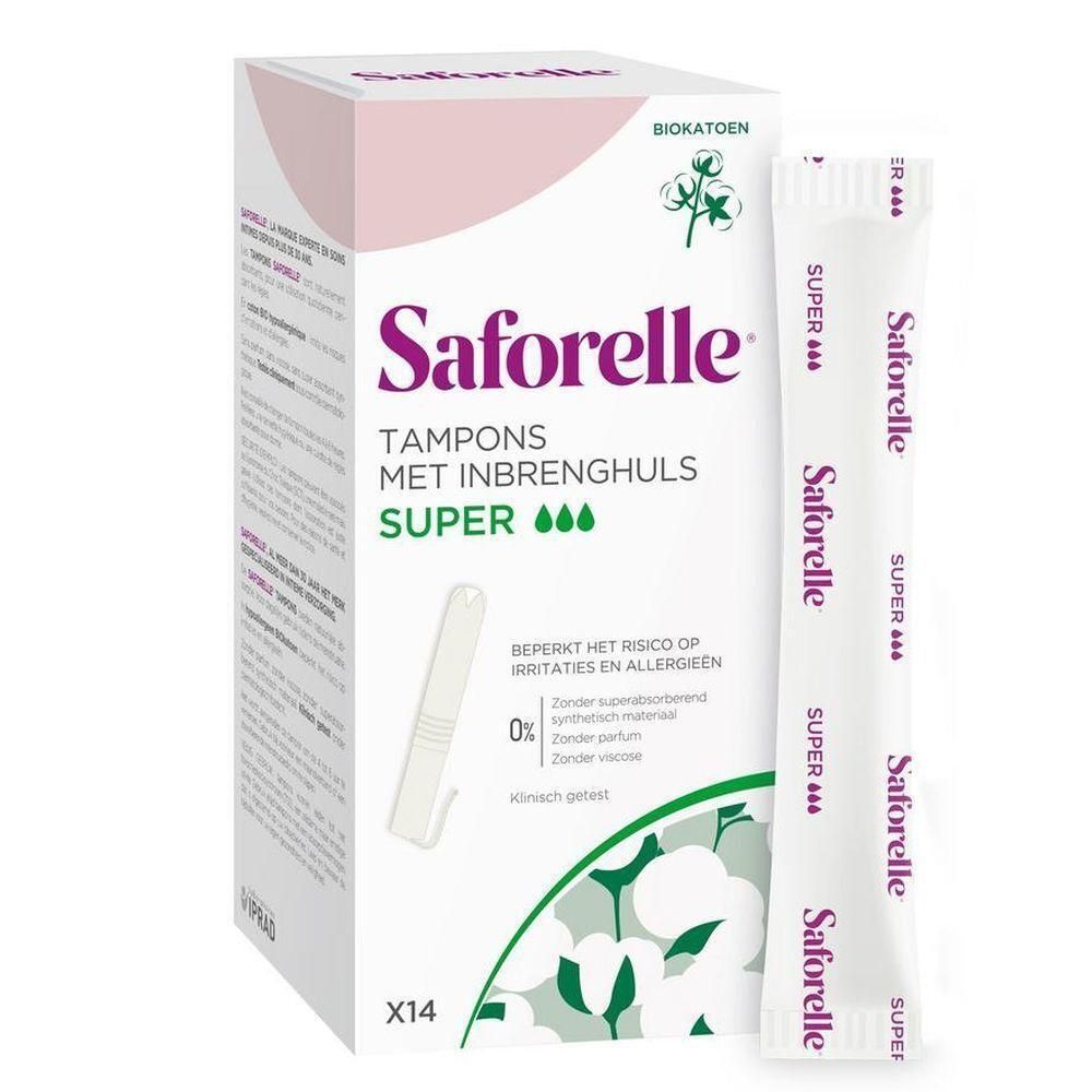 Saforelle Tampons Super met inbrenghuls, 14 stuks. Biokatoen.