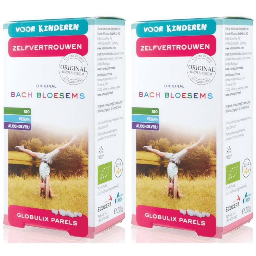 Deux boîtes de Globulix Parels Bach Bloesem pour enfants. "Confiance en soi" est indiqué.