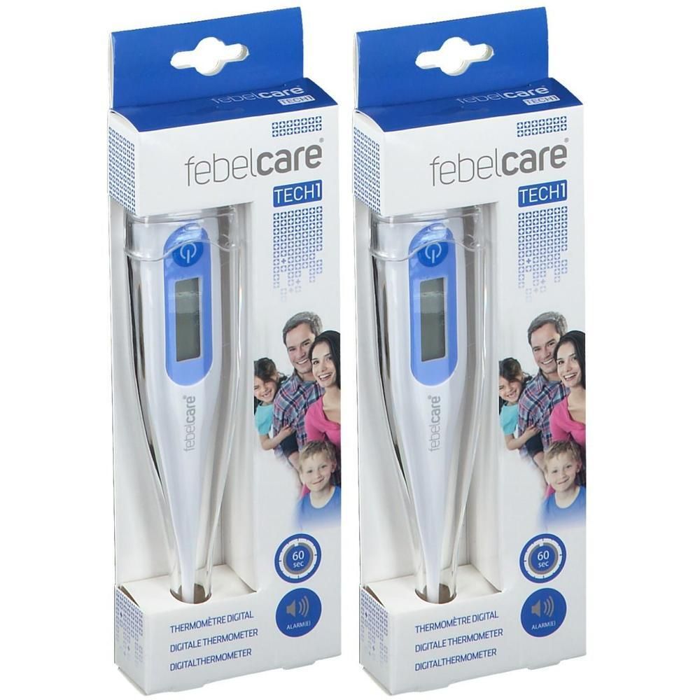Twee Febelcare Tech digitale thermometers in verpakking. Wit met blauwe accenten.