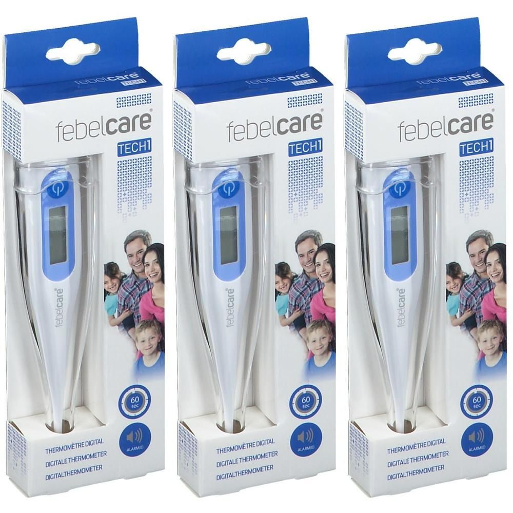 Drie digitale Febelcare Tech 1 thermometers in individuele verpakking. Wit met blauw display.