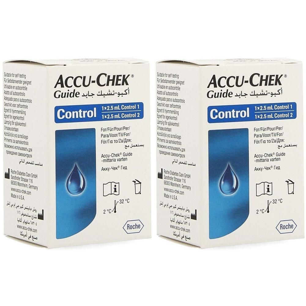 Twee pakken Accu-Chek Guide Control oplossingen. Elk pak bevat 1x 2,5 ml Control 1 en 1x 2,5 ml Control 2.