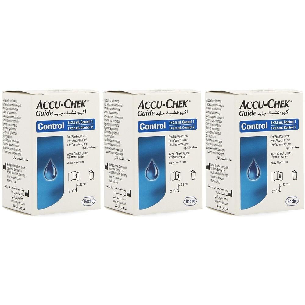 Trois boîtes Accu-Chek Guide Control, chacune 1x2.5ml. Graphique de goutte bleue.