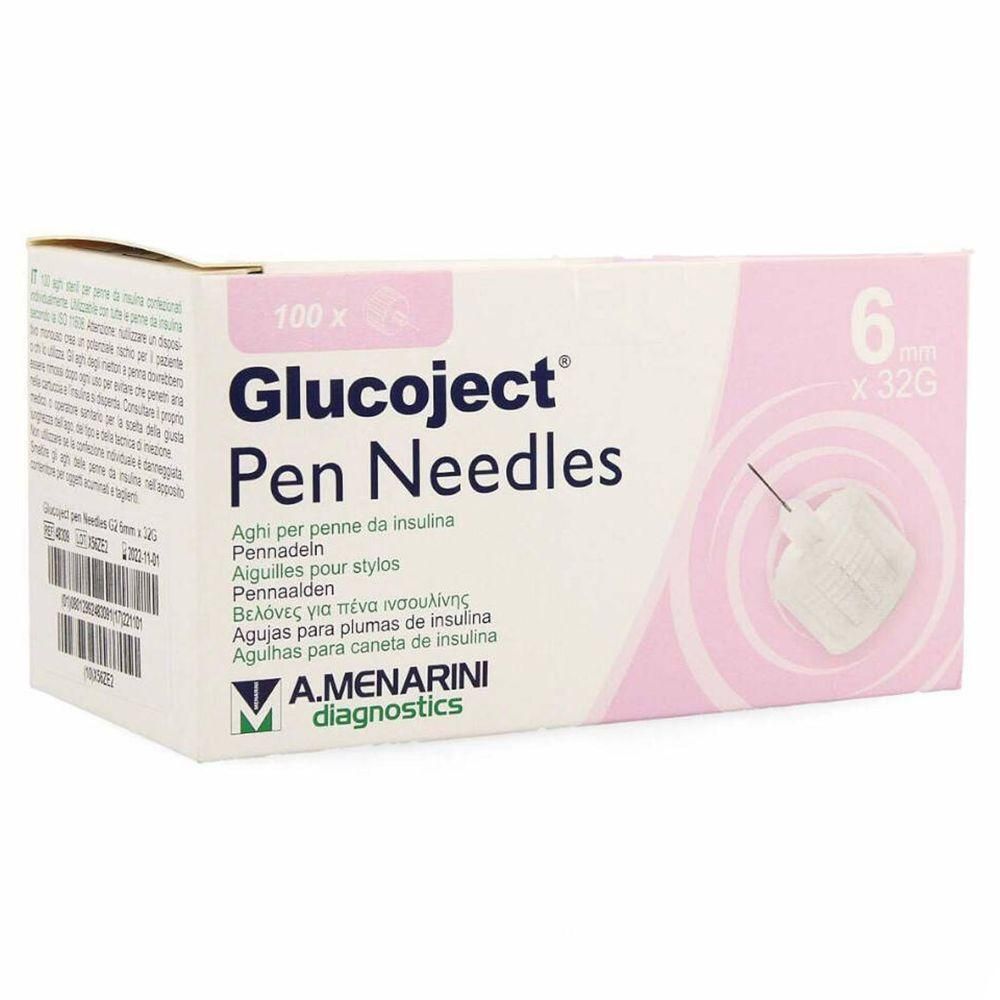 Boîte de 100 aiguilles pour stylo Glucoject 6mm x 32G. A. Menarini Diagnostics.