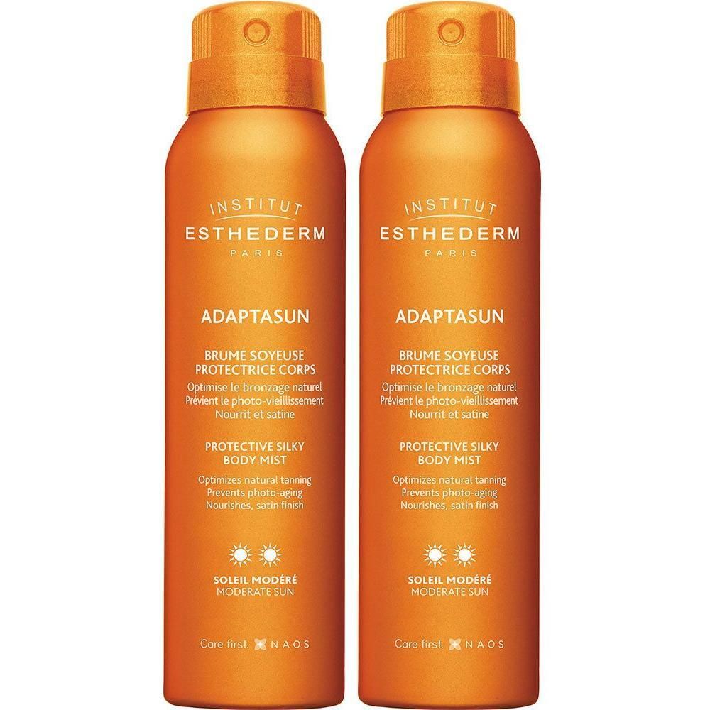 Twee oranje spuitflessen met beschermende body mist.