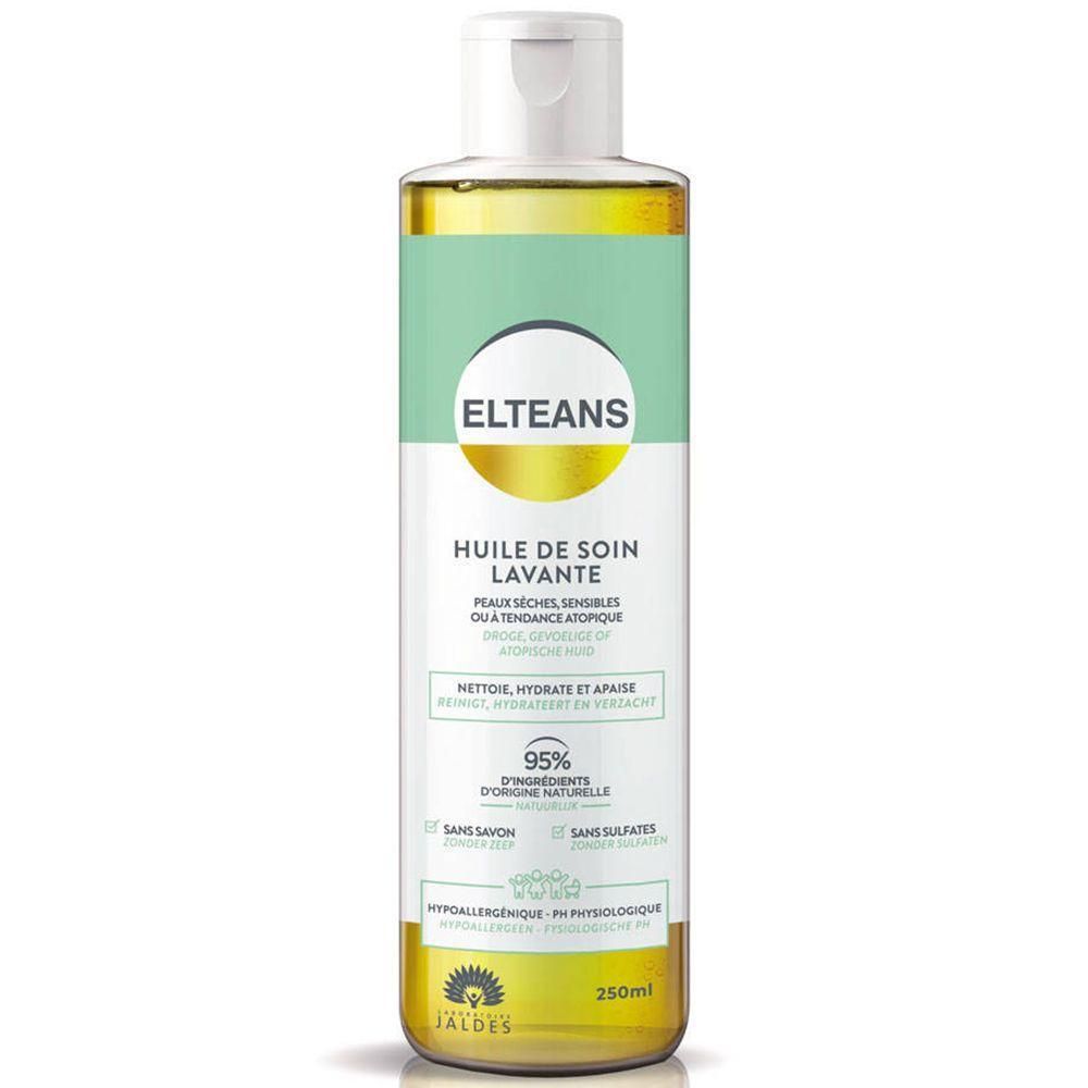 Huile de soin lavante Elteans dans une bouteille transparente avec bouchon blanc. 250ml.