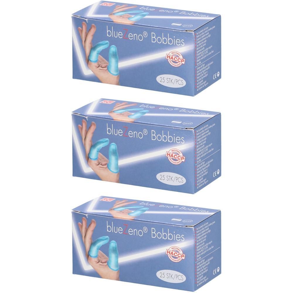 Drie dozen Bluezeno Bobbies, 25 stuks per doos. Blauwe vingerhoedjes op een hand afgebeeld.