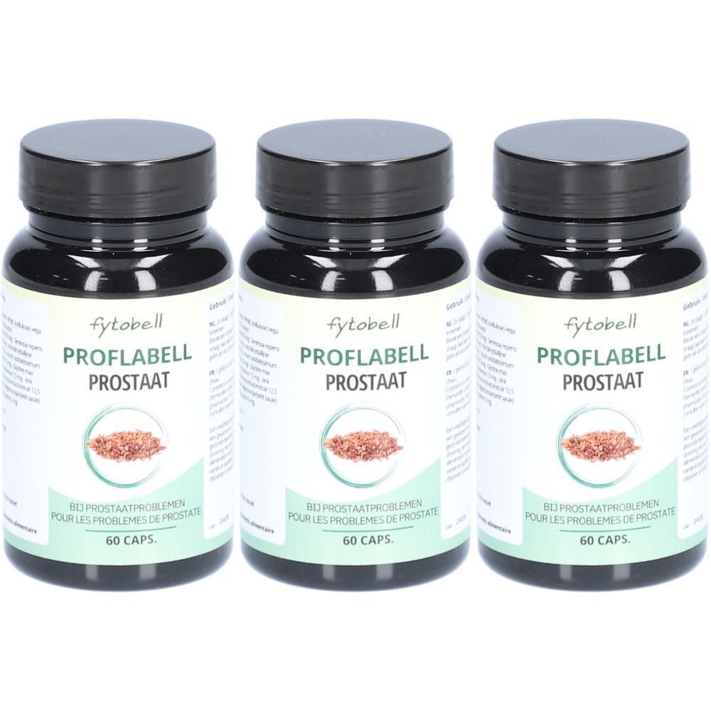 Trois flacons Fytobell Proflabell Prostata avec bouchons noirs. Chaque flacon contient 60 gélules.