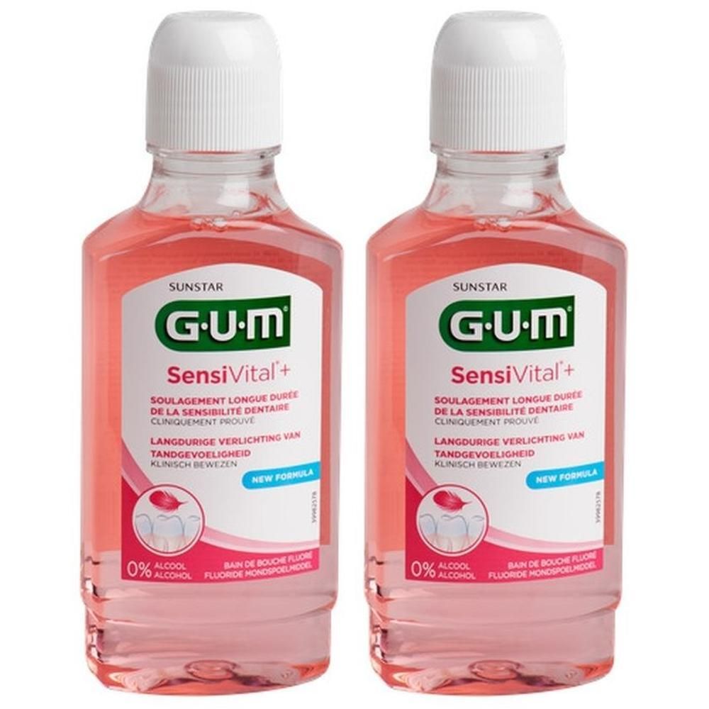 Twee flessen GUM SensiVital+ mondspoeling, nieuwe formule, 0% alcohol, roze vloeistof.