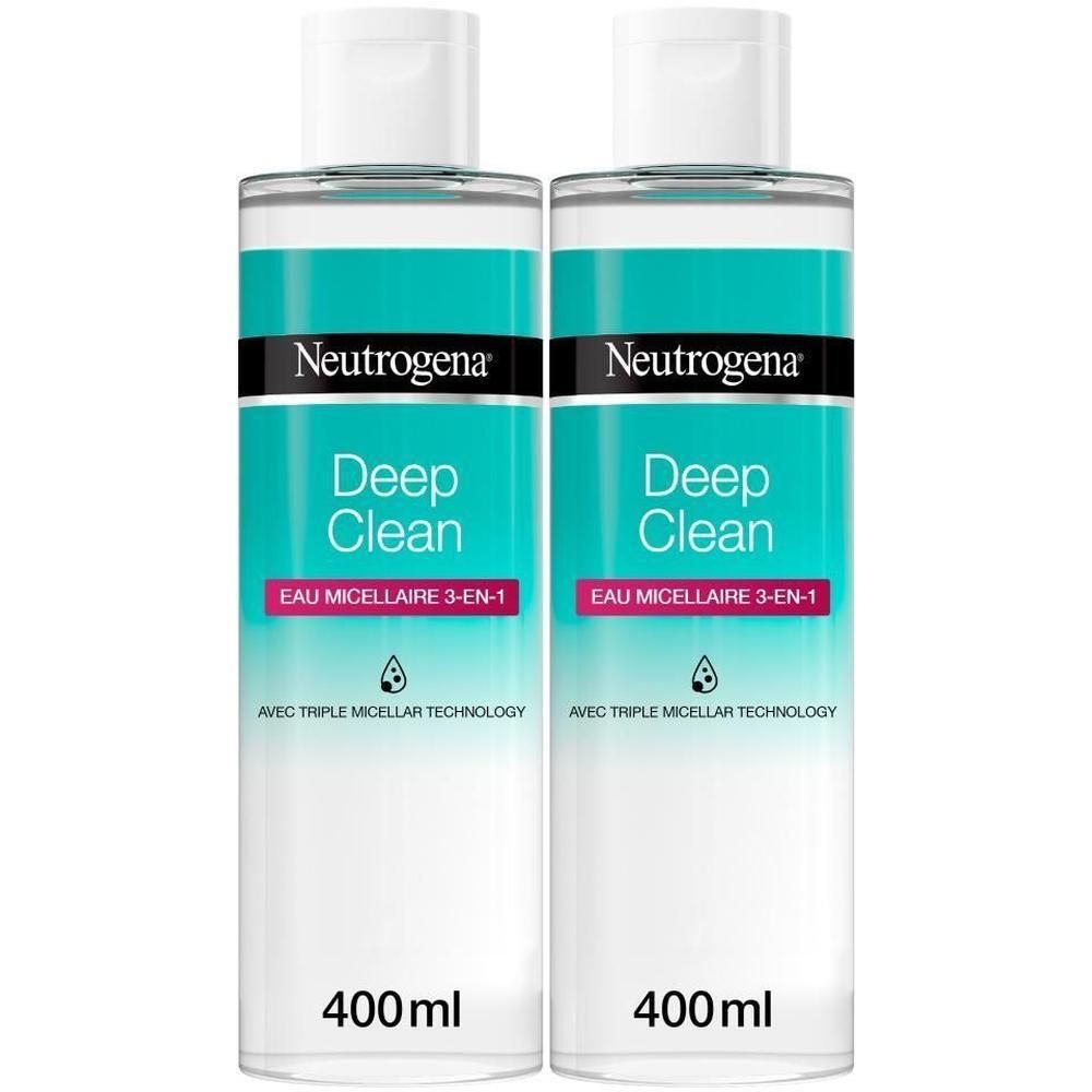 Deux bouteilles d'Eau Micellaire 3-en-1 Neutrogena Deep Clean, 400 ml chacune.
