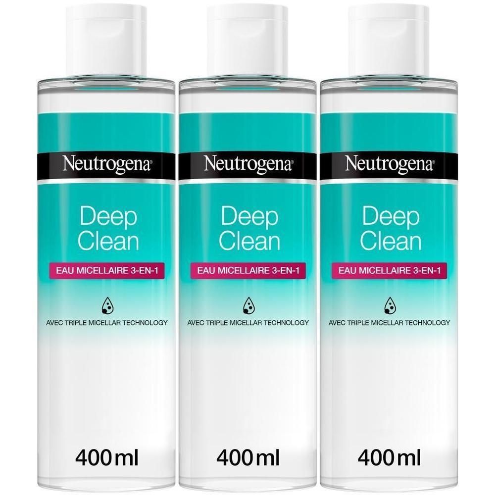 Trois bouteilles d'Eau Micellaire 3-en-1 Neutrogena Deep Clean, 400ml chacune.