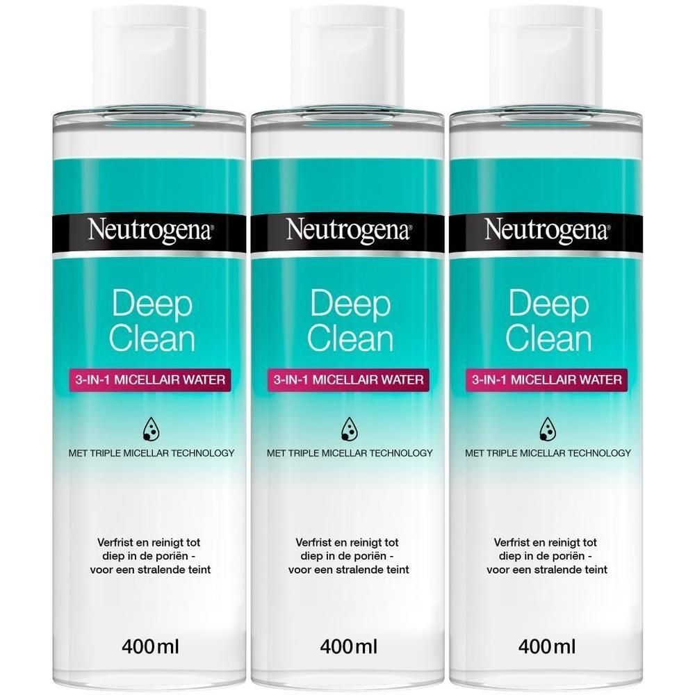 Drie flessen Neutrogena Deep Clean Micellair Water 3-in-1, elk 400ml.
