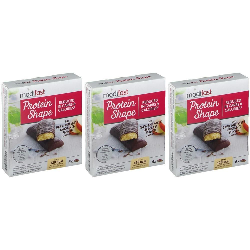 Trois boîtes de barres Modifast Protein Shape saveur chocolat noir et blanc.