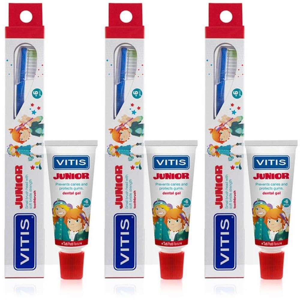 Twee Vitis Junior tandenborstels en tandpastatubes met kindvriendelijk design.