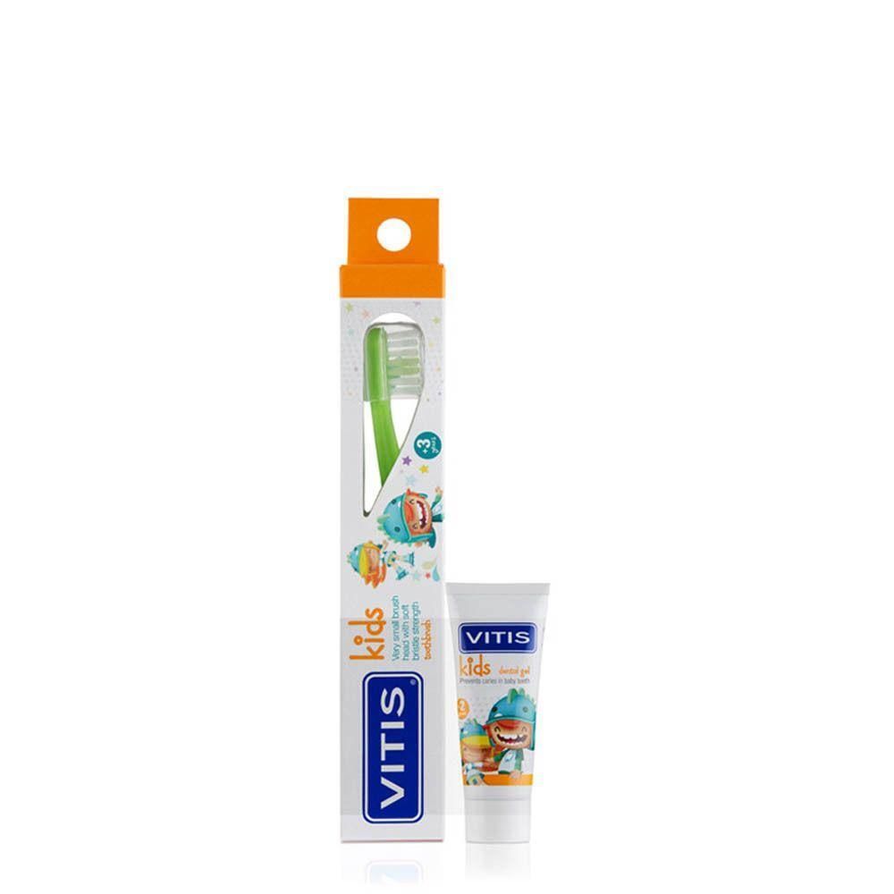Vitis Kids tandenborstel en tandpastatube met dinosaurusafbeelding.