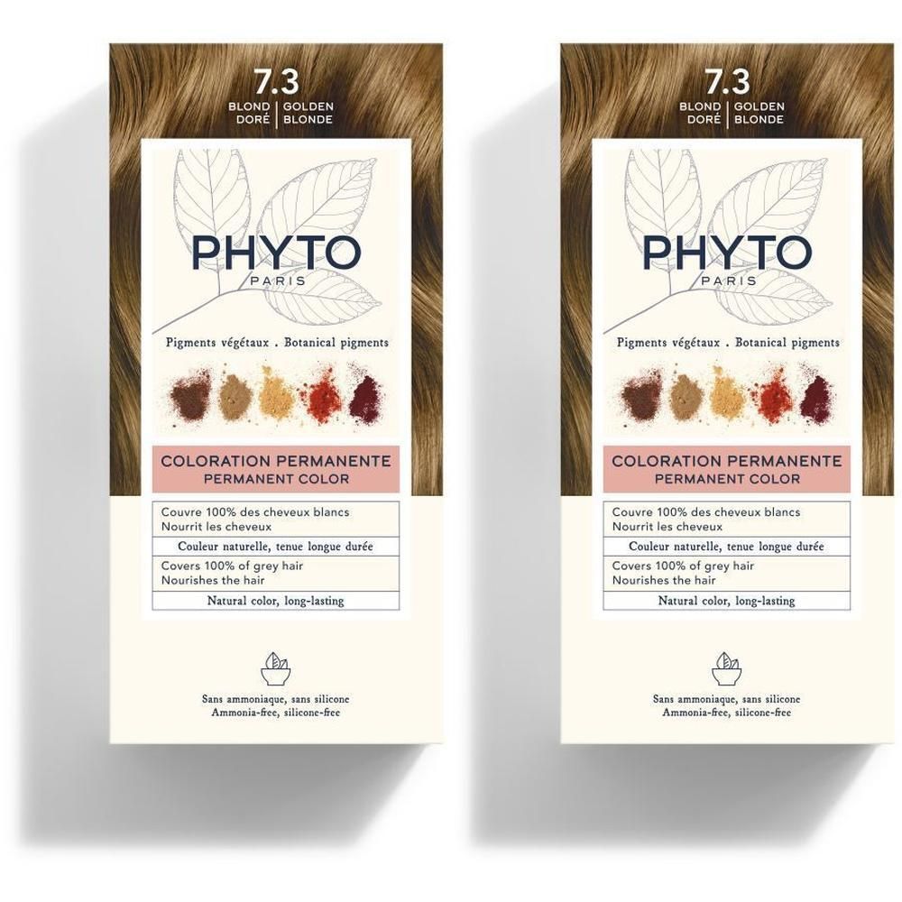 Twee pakken Phyto Phytocolor 7.3 Blond Goud permanent haarkleuringsmiddel met plantaardige pigmenten.