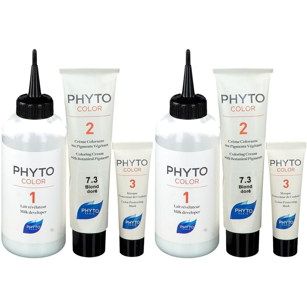 Deux kits de coloration PHYTOCOLOR 7.3 Blondine Doré, chacun avec une bouteille de révélateur et deux tubes.