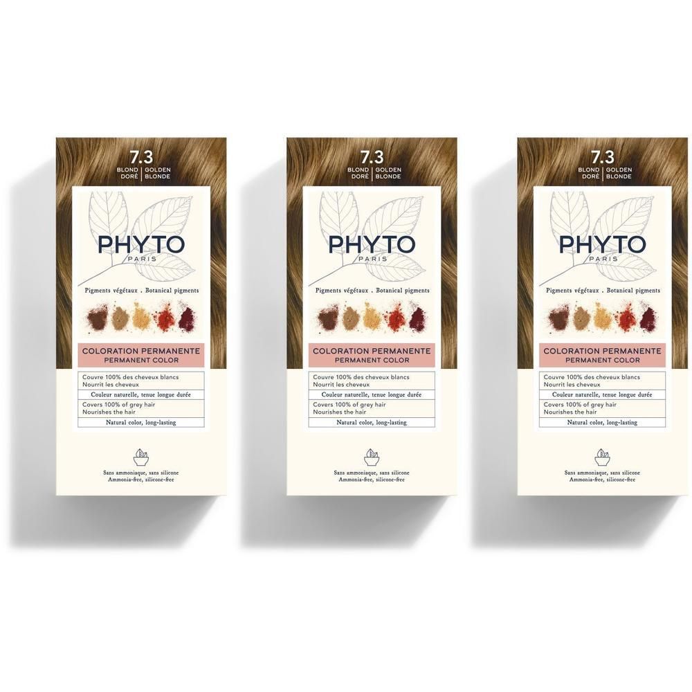 Drie pakken Phyto Phytocolor permanente haarkleur 7.3 Blond Goudblond.